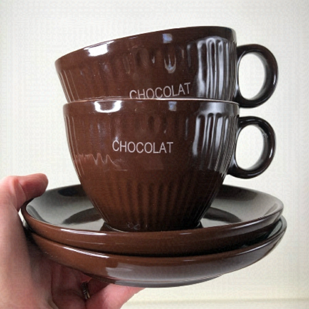 Paris Hot Chocolate Rich Brown Ridged Mugs & Saucers Cozy Winter Cups Set of 2